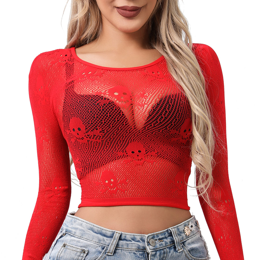 Buitifo Women Sexy Crop Top Fishnet Lingerie Skull Cosplay Tee Shirt Blouse Exotic Beach Cover Up