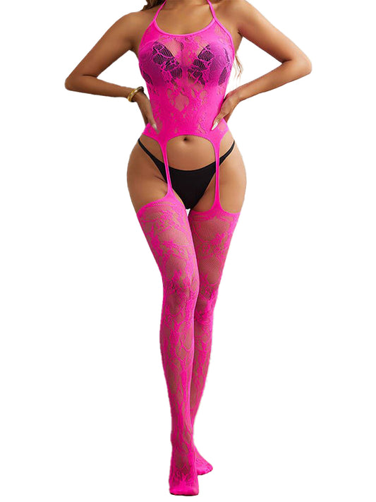 Buitifo Womens Fishnet Bodystocking Plus Size Crotchless Bodysuit Sexy Tights Soft Nightwear Lingerie Pink