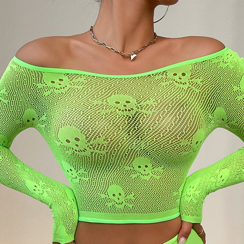 Buitifo Women Sexy Crop Top Fishnet Lingerie Skull Cosplay Tee Shirt Blouse Exotic Beach Cover Up